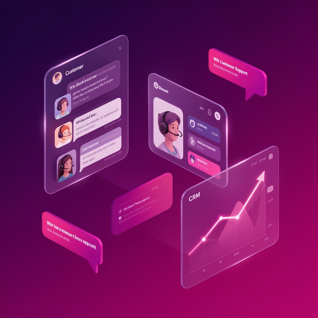 Bilingual support agents and CRM dashboards illustration